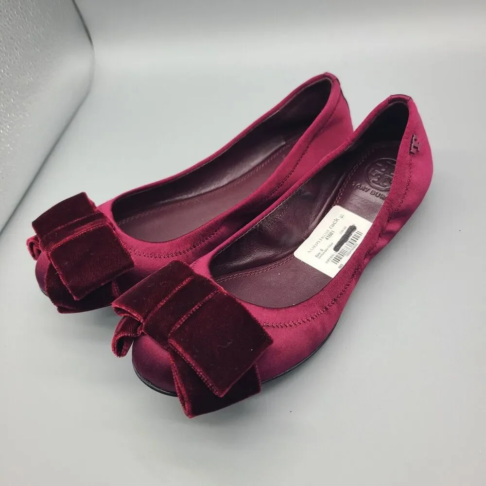 Tory Burch Viola Bow Ballet Flats 6 US Plum Burgundy Satin Velvet Bow New